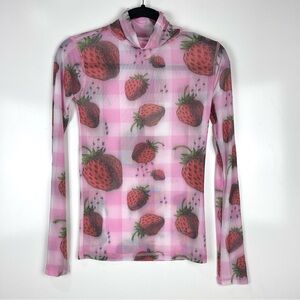 NEW Colin LoCascio Bella Turtleneck Mesh Top Long Sleeve Berry Gingham Sz Small